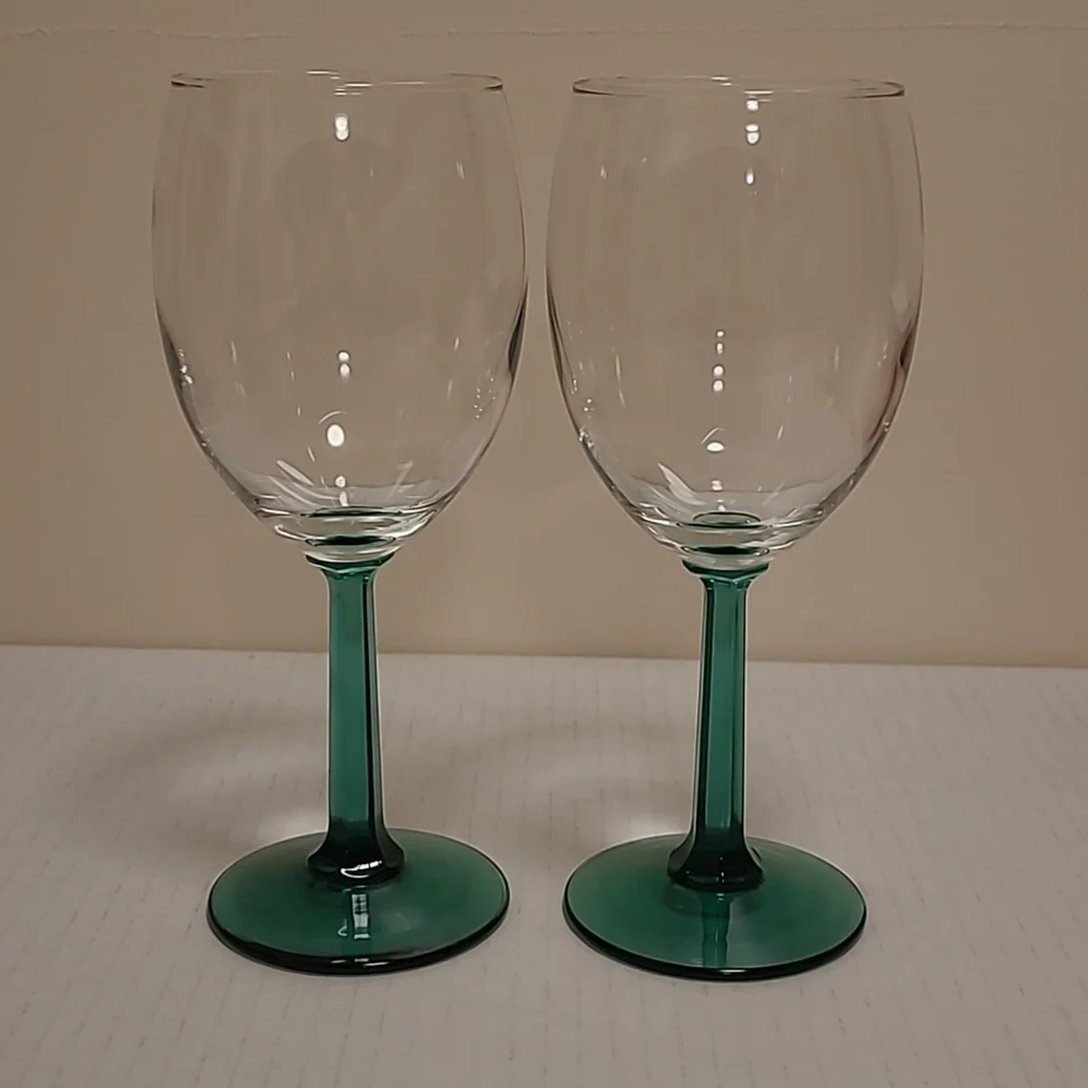 Pair of Vintage Green Stemmed Crystal Wine Glasses